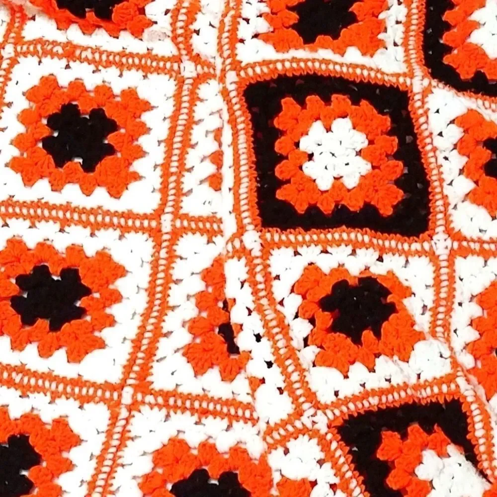 VINTAGE Granny Square Handmade Orange Afghan Throw